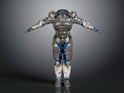 Futuristic Mechanical Armor Character With Metallic Blue Accents And Exoskeleton Design 3d model