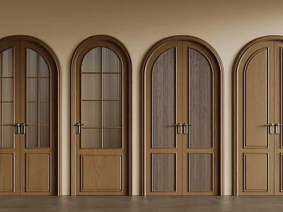 Wooden Double Doors With Arch Top Design And Glass Panel Details 3d model