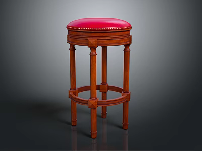 Classic Bar Stool With Red Tufted Leather Seat And Solid Wooden Turned Legs 3d model
