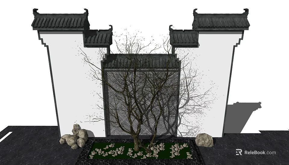 Chinese Style Scenic Wall With Black Tiles White Walls Leafless Tree Stones And Small Flowers 3d model 