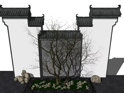 Chinese Style Scenic Wall With Black Tiles White Walls Leafless Tree Stones And Small Flowers 3d model