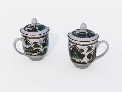 Traditional Chinese Teaware Two Ceramic Teacups With Lids Featuring Classic Landscape Patterns 3d model