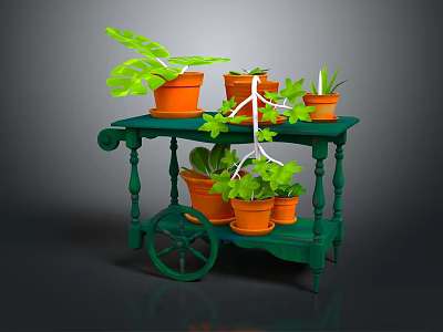 Various Green Plants In Orange Pots On Mobile Green Cart With Wheels 3d model