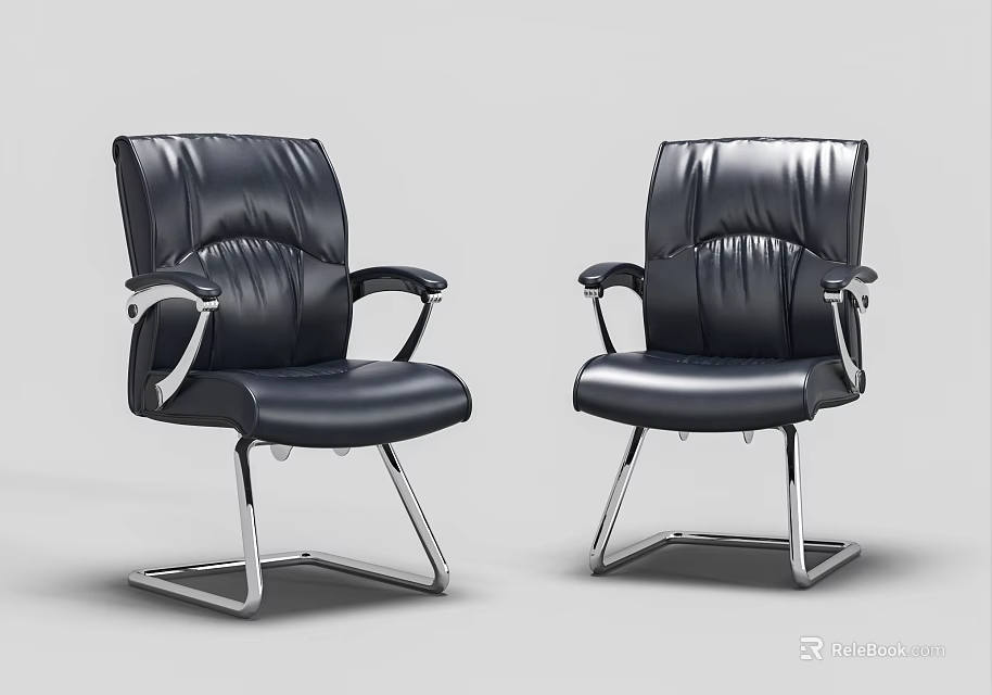 Two Modern Black Leather Office Chairs With Silver Metal Frame Design 3d model 