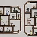 Traditional Wooden Chinese Antique Shelf With Vintage Teapots Ceramic Vases Figurines And Small Potted Plants
