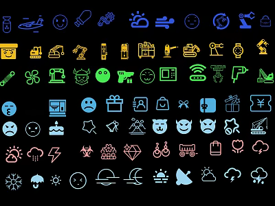 Colorful Various Type Icons Collection With Emojis Tools Weather And Transport Symbols 3d model
