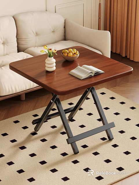 Wooden Dining Table With Black Metal Legs Vase Fruit Bowl Open Book And Geometric Rug 3d model 