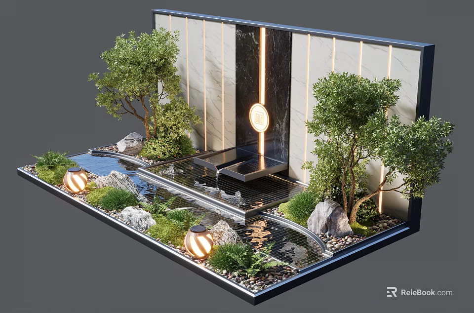 Serene Outdoor Feature Wall Design With Water Pool Trees Stones And Soft Lighting 3d model 