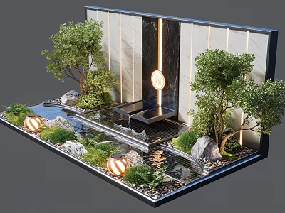 Serene Outdoor Feature Wall Design With Water Pool Trees Stones And Soft Lighting 3d model