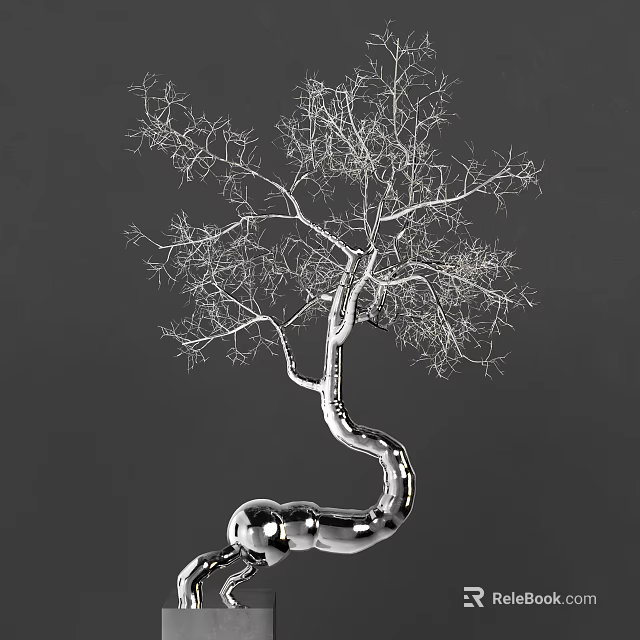 Modern Artistic Silver Tree Like Sculpture With Curved Trunk And Metallic Spherical Base 3d model 