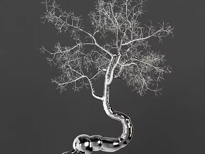 Modern Artistic Silver Tree Like Sculpture With Curved Trunk And Metallic Spherical Base 3d model