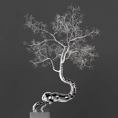 Modern Artistic Silver Tree Like Sculpture With Curved Trunk And Metallic Spherical Base 3d model