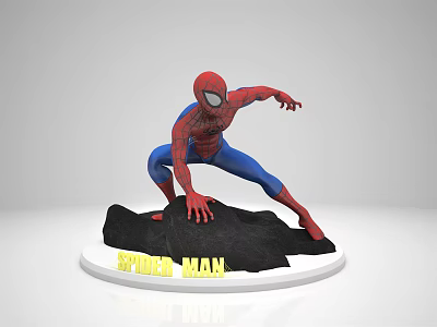 Spider Man Action Figure Doll In Dynamic Pose With Black Base And Yellow Text 3d model
