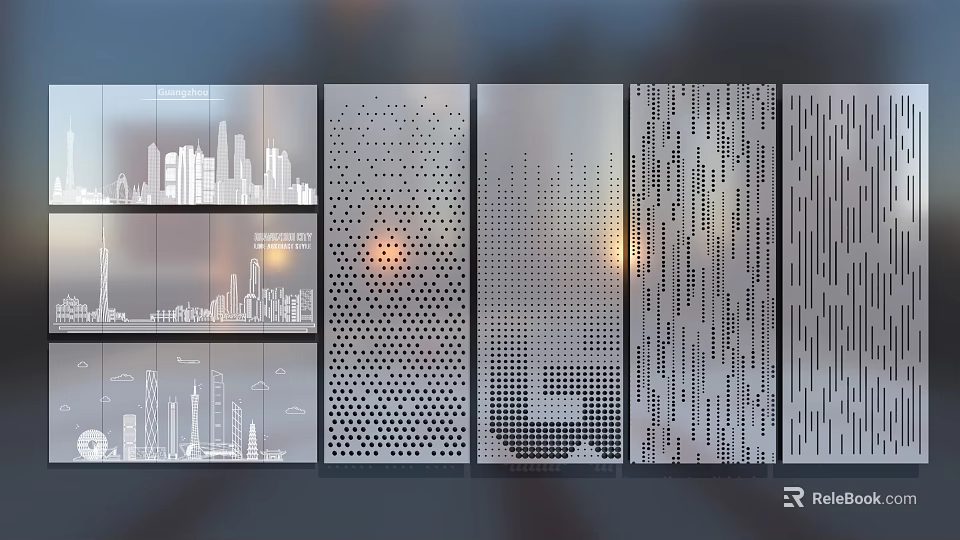 Modern Laser Cut Room Dividers Featuring City Skyline And Geometric Perforations 3d model 