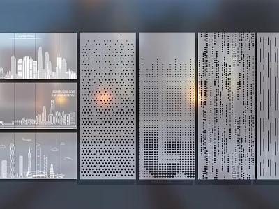 Modern Laser Cut Room Dividers Featuring City Skyline And Geometric Perforations 3d model