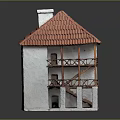 Traditional Two Story Building with Red Tiled Roof Gray Walls and Wooden Balconies