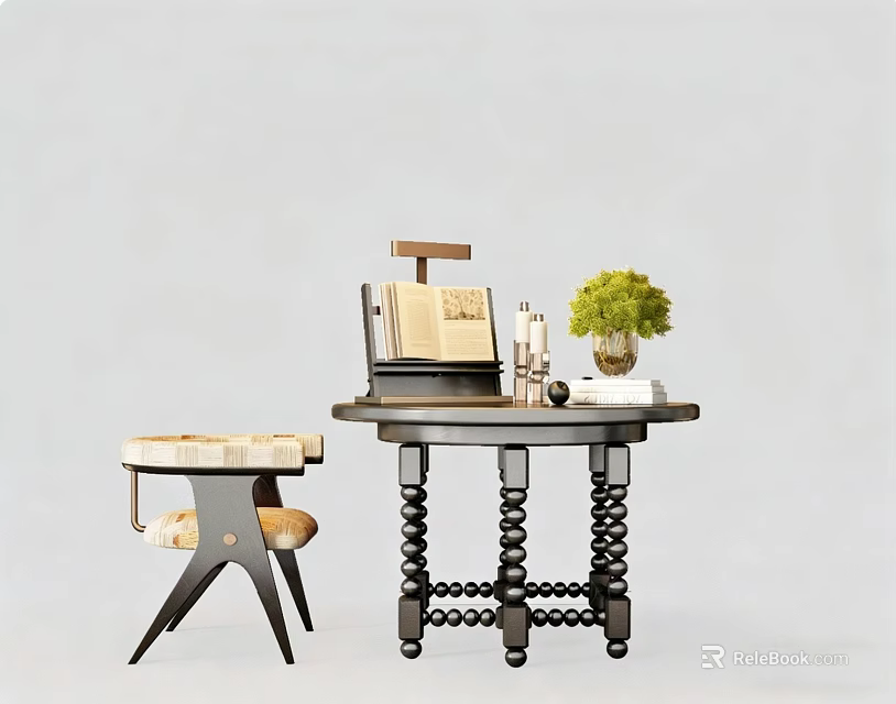 Vintage Console Table With Carved Legs Green Plant Books And Decorative Chair 3d model 