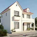 Detached Villa With White Exterior Red Roof Balcony And Front Garden Plants