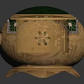 Golden Decorative Furniture Accent With Green Lid Ornate Patterns And Colored Gemstone Inlays