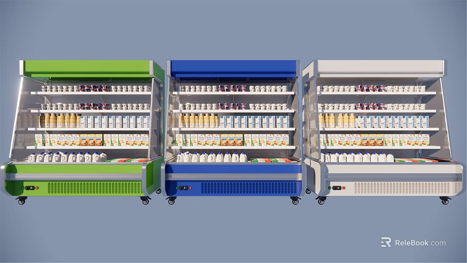 Commercial Display Refrigerators in Green Blue and White with Organized Shelves of Beverages and Food 3d model 
