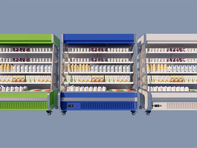Commercial Display Refrigerators in Green Blue and White with Organized Shelves of Beverages and Food 3d model