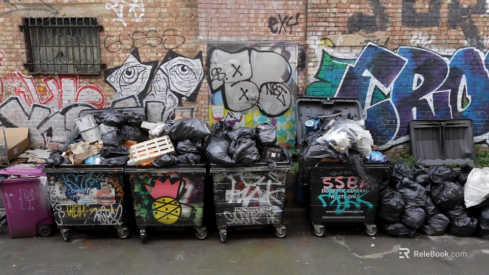 Public Trash Bins Against Graffiti Covered Brick Walls With Overflowing Trash And Art 3d model 