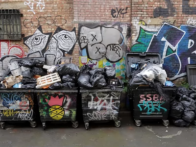 Public Trash Bins Against Graffiti Covered Brick Walls With Overflowing Trash And Art 3d model