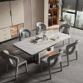 Modern Dining Table Set With Marble Top And Six Gray Chairs 3d model