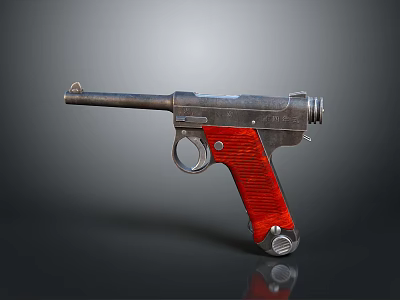 Vintage Style Metallic Pistol With Red Textured Grip And Shiny Detailed Body 3d model