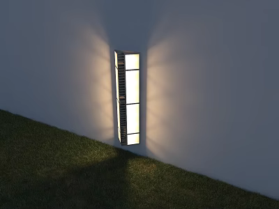 Modern Minimalist Outdoor Light with Rectangular Multiple Light Strips Illuminates White Wall and Green Grass 3d model