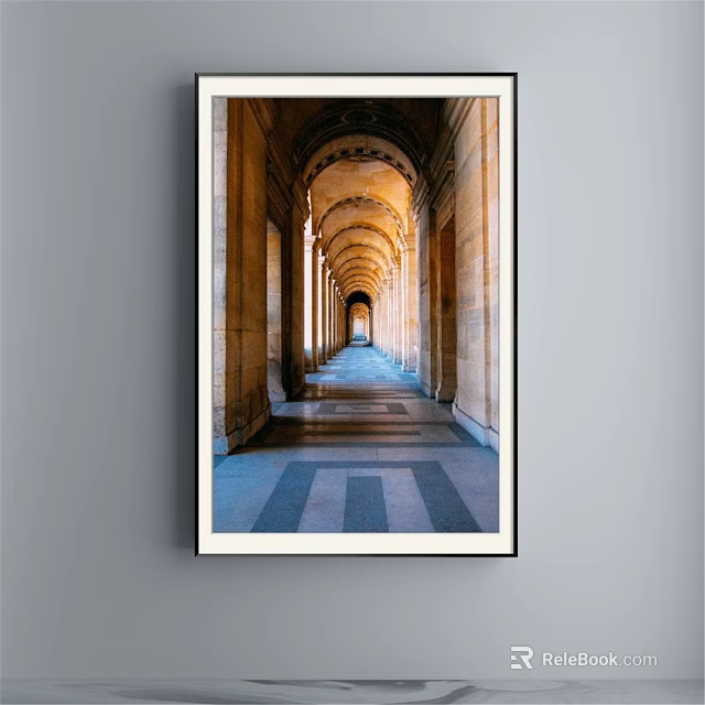 Classical Arcade Corridor Landscape Painting With Striped Floor And Distant Warm Light 3d model 