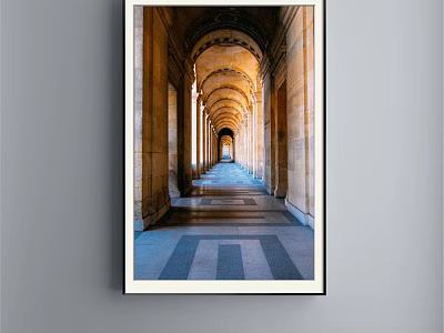 Classical Arcade Corridor Landscape Painting With Striped Floor And Distant Warm Light 3d model