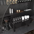 Stylish Curved Bar Counter With Metallic Finish Coffee Machine Cups Shelves Bean Packages Bar Stools
