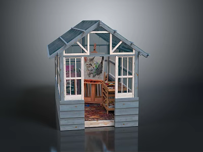 Small Garden Greenhouse Interior With Wooden Frame Glass Roof Open Door And Furniture 3d model