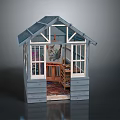 Small Garden Greenhouse Interior With Wooden Frame Glass Roof Open Door And Furniture
