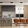 Modern Kitchen Interior With Marble Countertop Wine Rack Bar Stools Dining Table And Chairs 3d model