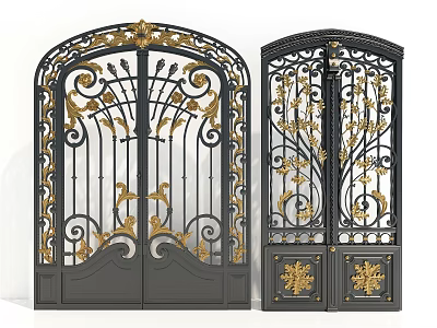 Wrought Iron Entrance Gate With Ornate Golden Decorations And Elaborate Patterns 3d model