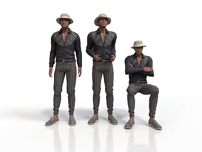 Three Stylish Men Wearing Hats Dark Jackets And Striped Pants Standing And Sitting 3d model