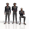 Three Stylish Men Wearing Hats Dark Jackets And Striped Pants Standing And Sitting