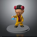 3D Cartoon Character Figurine With Pink Earmuffs Yellow Jumpsuit And Blue Beaker On Gray Base