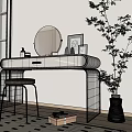 Elegant Minimalist Dressing Table With Round Mirror Stool Skincare Bottles And Green Plant