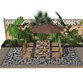 Outdoor Garden Table and Chairs Set With Brown Umbrella Green Plants and Food