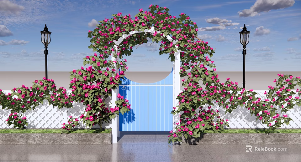 Vine Arch Adorned With Pink Flowers White Structure Blue Gate And Street Lamps 3d model 