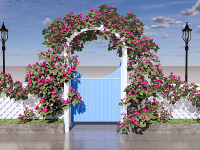 Vine Arch Adorned With Pink Flowers White Structure Blue Gate And Street Lamps 3d model