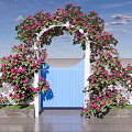 Vine Arch Adorned With Pink Flowers White Structure Blue Gate And Street Lamps