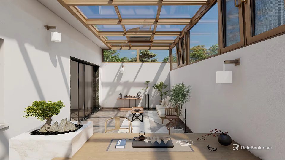Modern Villa Balcony With Glass Roof Wooden Frame Sliding Doors Outdoor Furniture And White Walls 3d model 