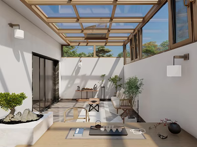 Modern Villa Balcony With Glass Roof Wooden Frame Sliding Doors Outdoor Furniture And White Walls 3d model