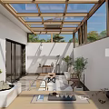 Modern Villa Balcony With Glass Roof Wooden Frame Sliding Doors Outdoor Furniture And White Walls