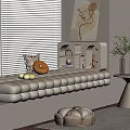 Cushioned Bay Window Seat Interior With Window Blinds Shelving Unit And Pumpkin Decor
