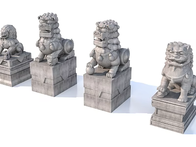 Traditional Carved Stone Lion Sculptures With Four Different Postures On Pedestals 3d model